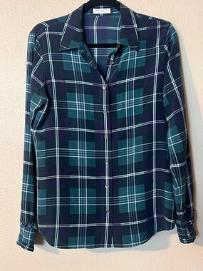 Equipment 100% silk green blue plaid shirt ruffle cuff size small